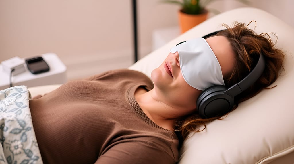 Patient resting comfortably during IV ketamine therapy treatment with eye mask and headphones at Better Health Whole Wellness Center Philadelphia