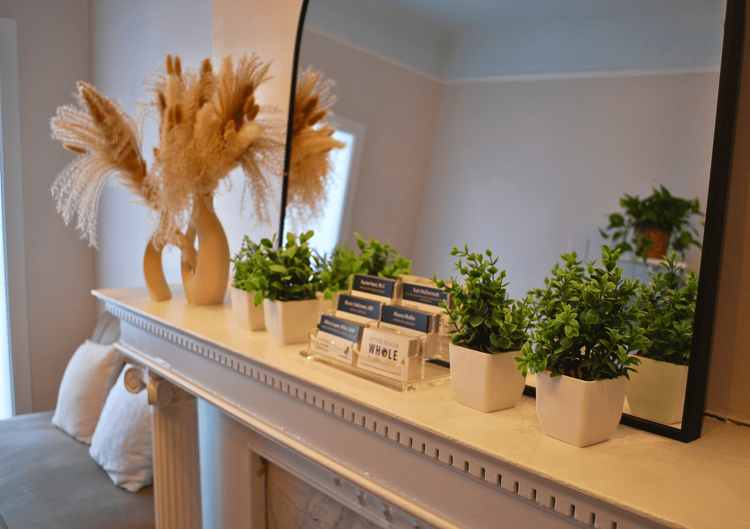 Better Health Whole Wellness Center Rittenhouse Square Philadelphia ketamine therapy front office interior showing decorated mantle with provider business cards green plants and mirror